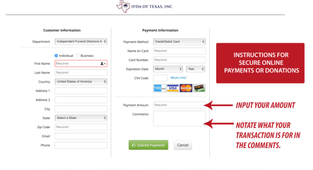 Checkout form with secure online payment instructions and arrows pointing to amount and transaction note fields