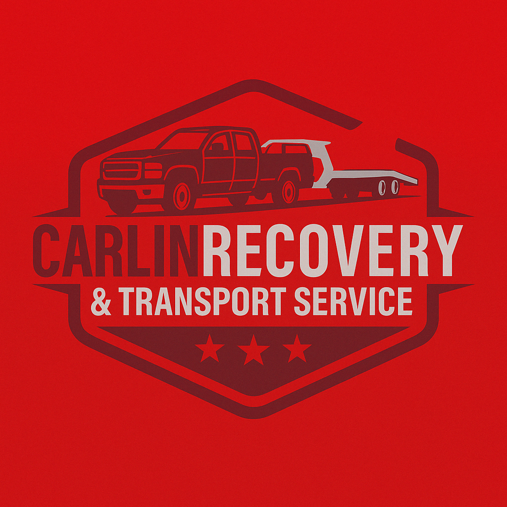 The logo for carlin recovery and transport service shows a truck towing a car.