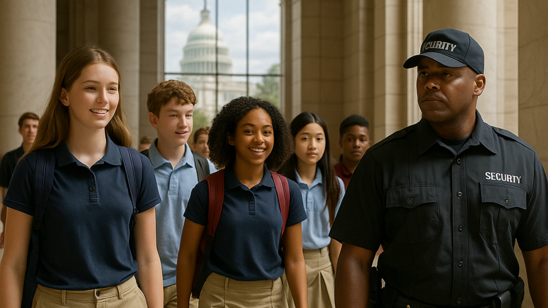 student tour group with security guard at hotel