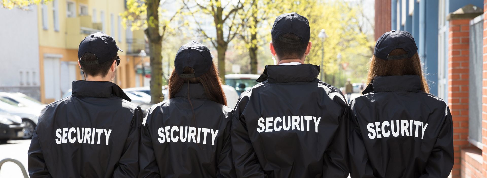 A group of security guards are standing in a row.