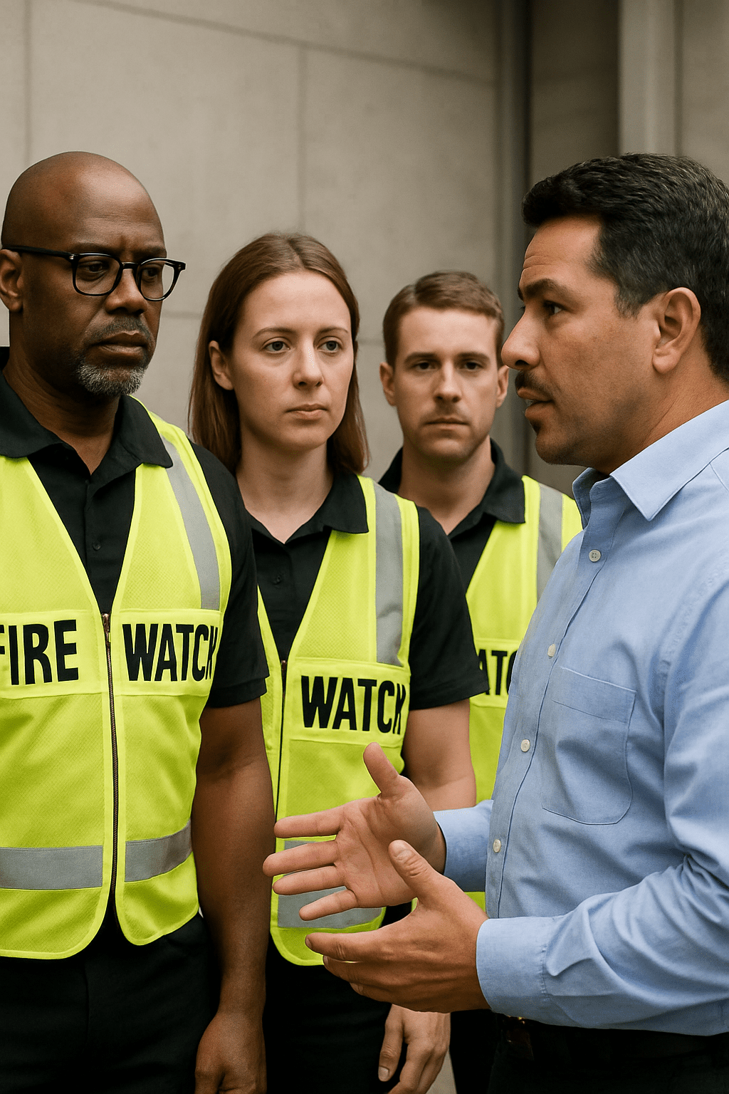 security account manager speaking with fire watch officers