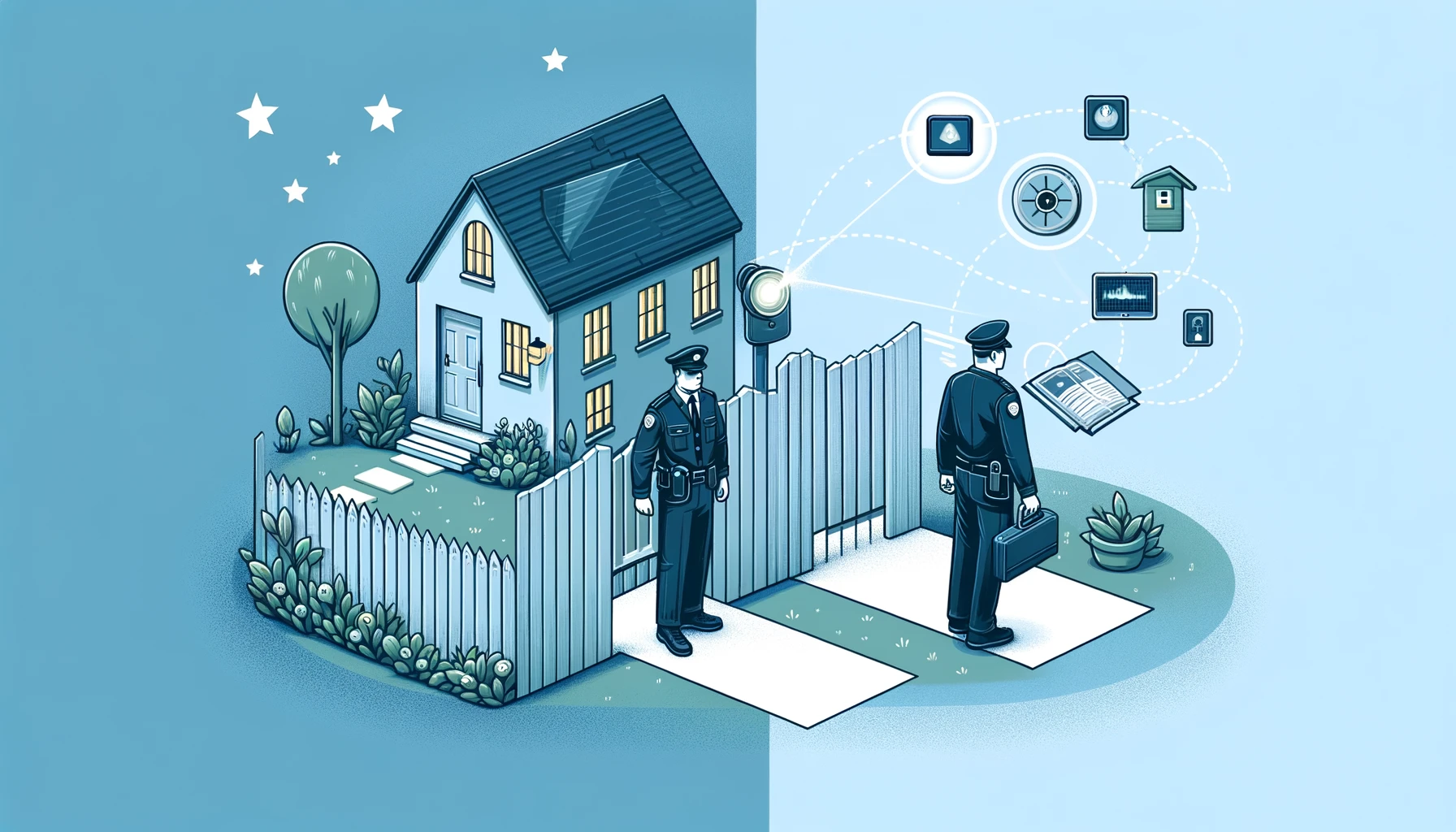 A couple of police officers standing next to a fence in front of a house.
