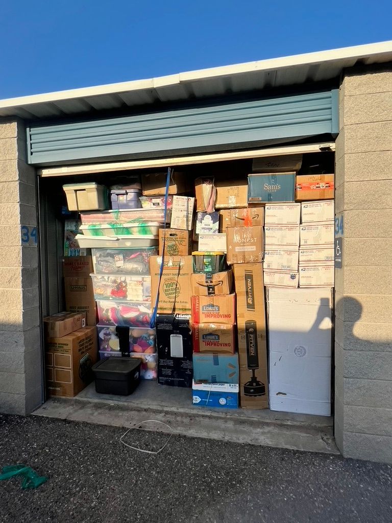 A garage filled with lots of boxes including one that says super