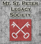 Mt. St. Peter Legacy Society logo with crossed keys on a red square, on a gray stone background