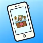 White smartphone showing a dating app with two profile cards and a heart icon on a blue background