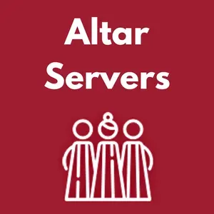 White “Altar Servers” text above a simple white icon of three people on a dark red background
