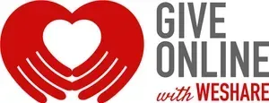 Heart-and-hands logo with text “GIVE ONLINE with WESHARE” in red and gray.