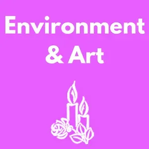 White “Environment & Art” text and a candle-and-rose line drawing on a purple background