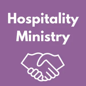 Hospitality Ministry text with a white handshake icon on a purple background