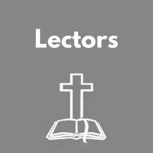 White “Lectors” text above a white cross over an open book on a gray background