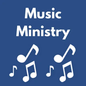 Blue graphic with white text “Music Ministry” and musical note icons