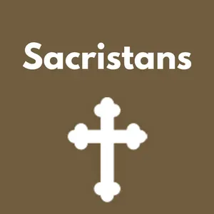 White cross icon beneath the word “Sacristans” on a brown background