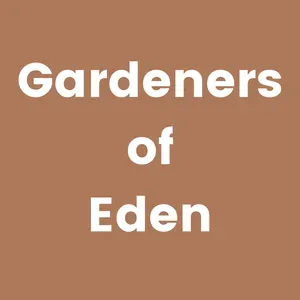 White text reading “Gardeners of Eden” on a brown background.