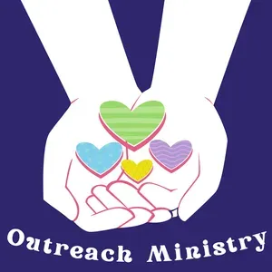 Hands cupping colorful hearts above the words “Outreach Ministry” on a purple background
