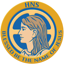 Circular HNS logo with a blue profile silhouette and the words “Blessed Be the Name of Jesus” on gold ring