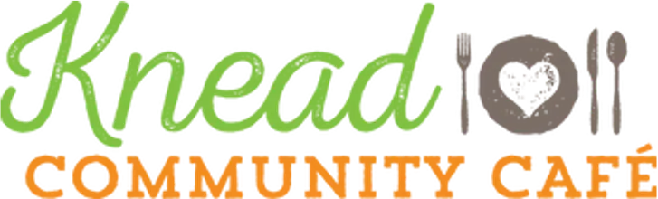 Knead Community Café logo with green and orange text and a spoon-and-fork heart icon