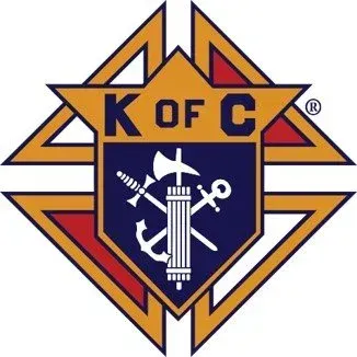 Knights of Columbus emblem with gold star, blue shield, and crossed symbols, “K of C” text