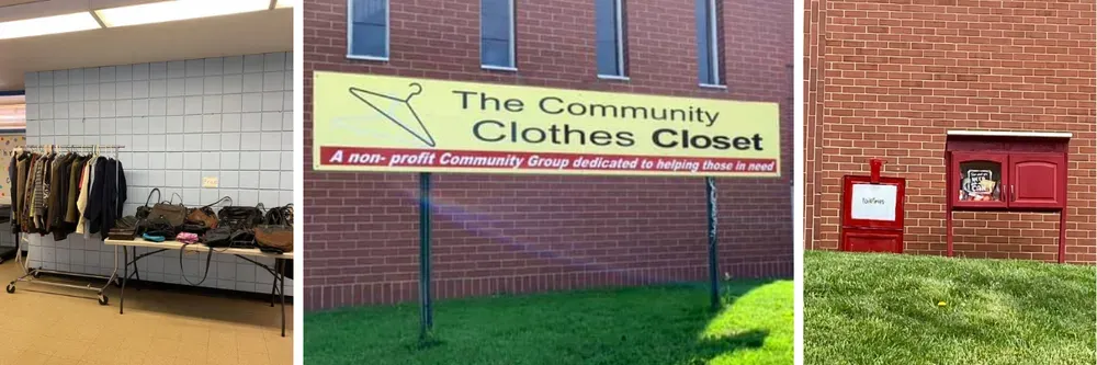 Community Clothes Closet sign on a brick building with a rack of clothes outside and a red donation bin on grass.