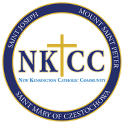 NKCC logo with gold cross in blue ring for New Kensington Catholic Community and three saints names
