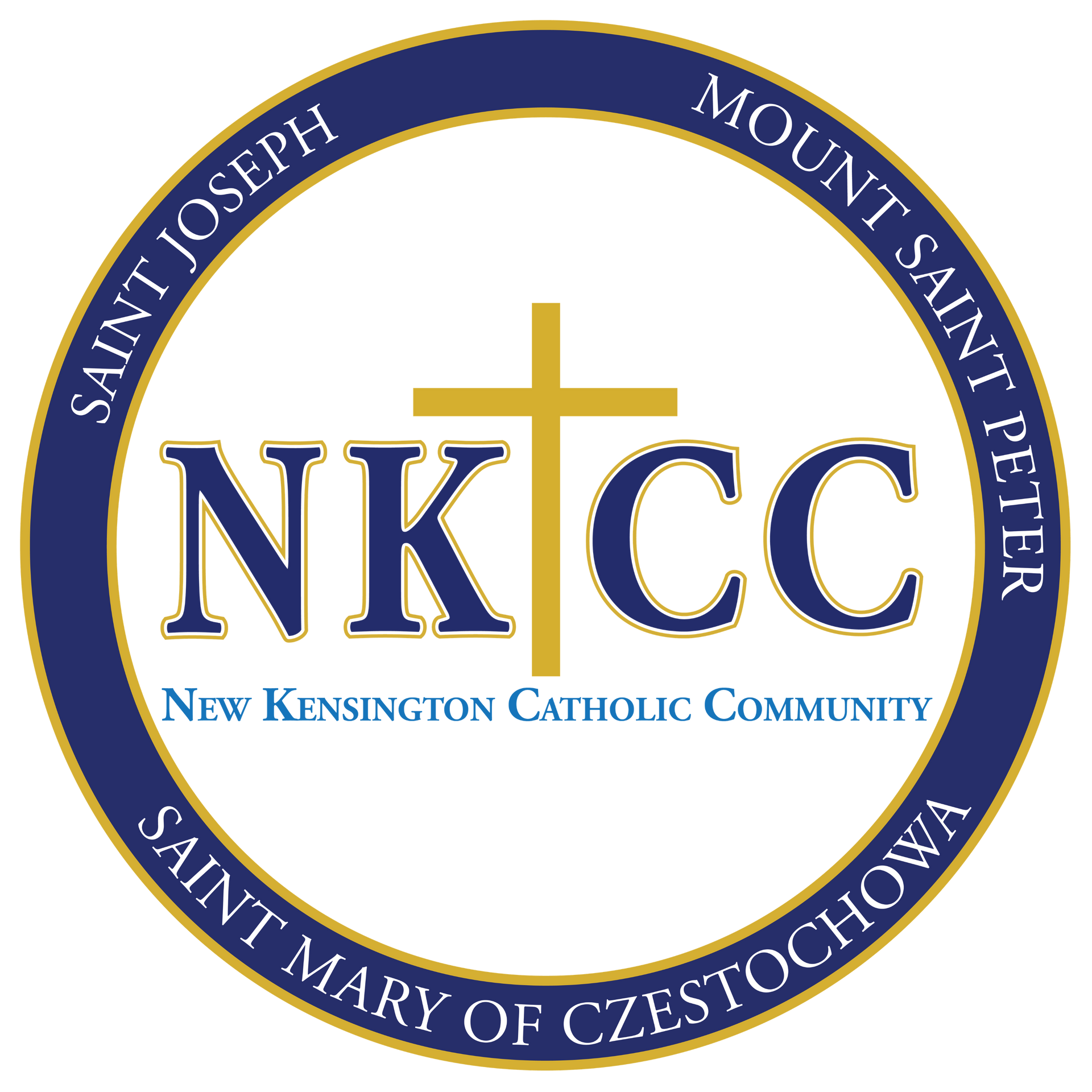 NKCC logo with gold cross in blue ring for New Kensington Catholic Community and three saints names