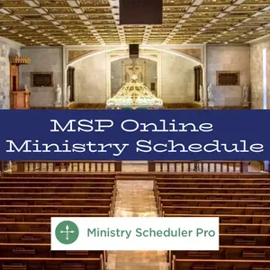 MSP Online Ministry Schedule with church interior backdrop and Ministry Scheduler Pro logo