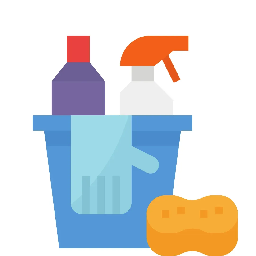 Cleaning supplies in a blue bucket: spray bottle, cleaner bottle, glove, and sponge