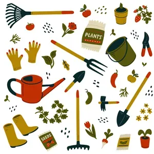 Assorted colorful gardening tools, gloves, seeds, pots, and watering can on a white background