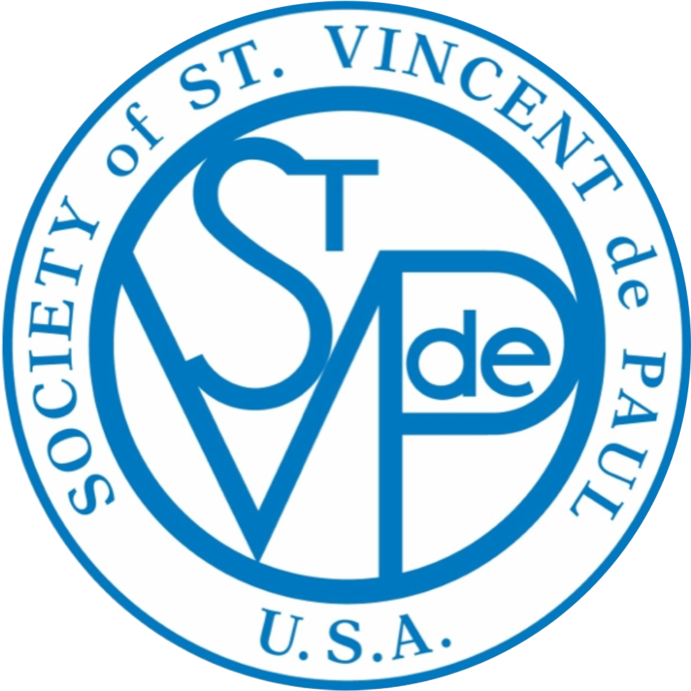 Blue circular St. Vincent de Paul Society USA logo with interlocking SVDP letters and cross