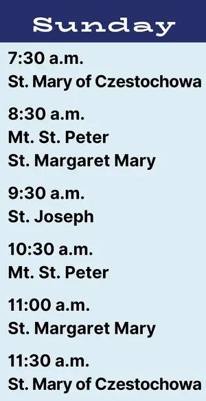 Sunday Mass schedule with times and church names in a blue-and-white list