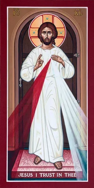 Jesus of Divine Mercy with raised hand, white robe, red and pale rays, “Jesus I trust in Thee” text