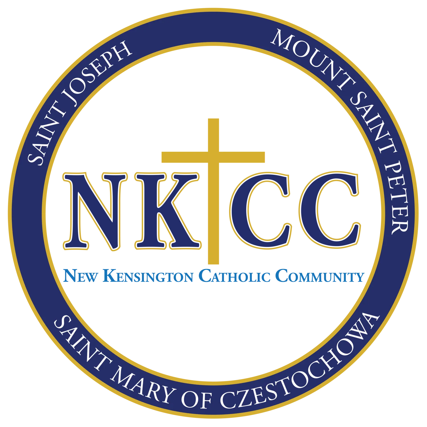 NKCC logo with gold cross on blue circle, New Kensington Catholic Community, saints named around the border