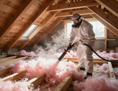 Worker in protective gear spraying pink insulation in an attic with exposed wooden beams.