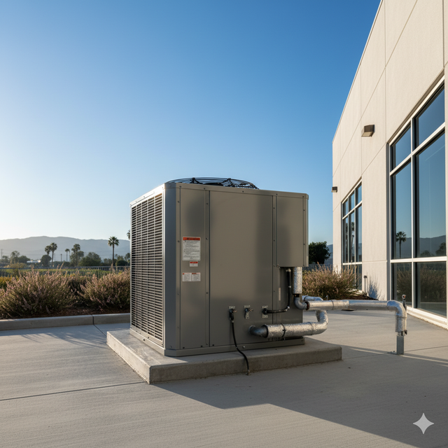 HVAC unit on a concrete pad next to a building with windows. Bright blue sky.