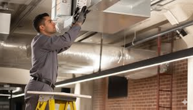 HVAC technician installing ductwork on a ceiling, wearing gloves and gray uniform, using a ladder in a modern office.