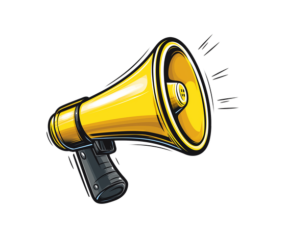 Illustration of a yellow megaphone emitting sound lines, symbolizing an announcement or exciting news!
