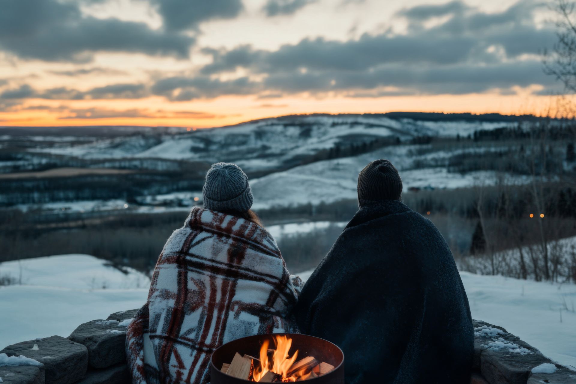 Two people sitting by a campfire, wrapped in blankets, overlooking snowy mountains at sunset