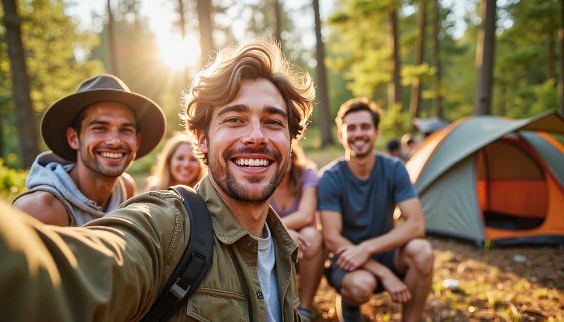 Group of friends smiling at a forest campsite with tents in the background, enjoying a camping trip together.