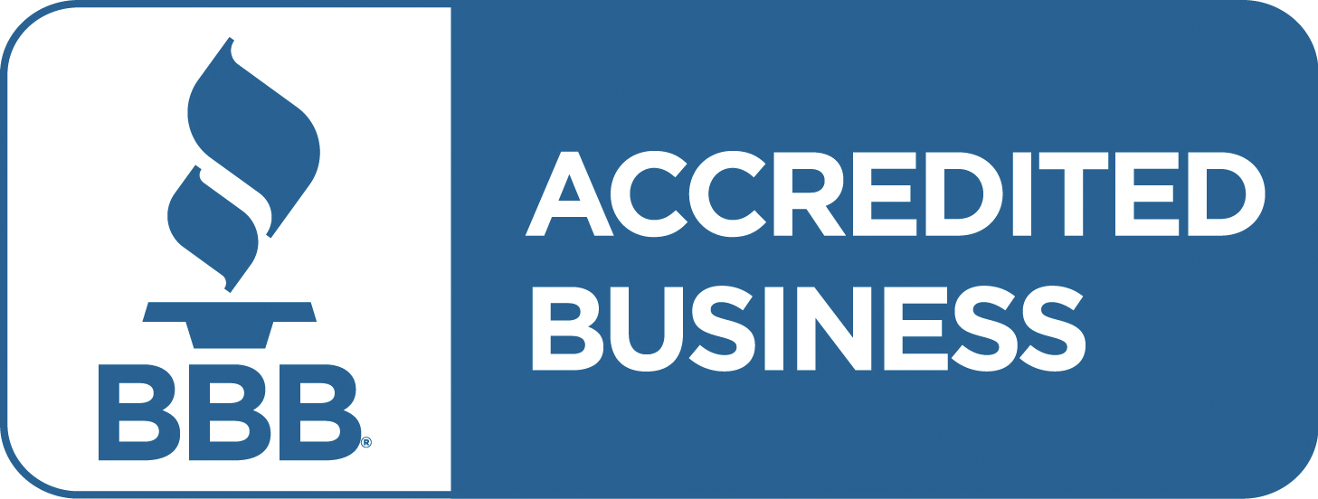 Blue BBB Accredited Business logo featuring a stylized torch emblem and the letters 