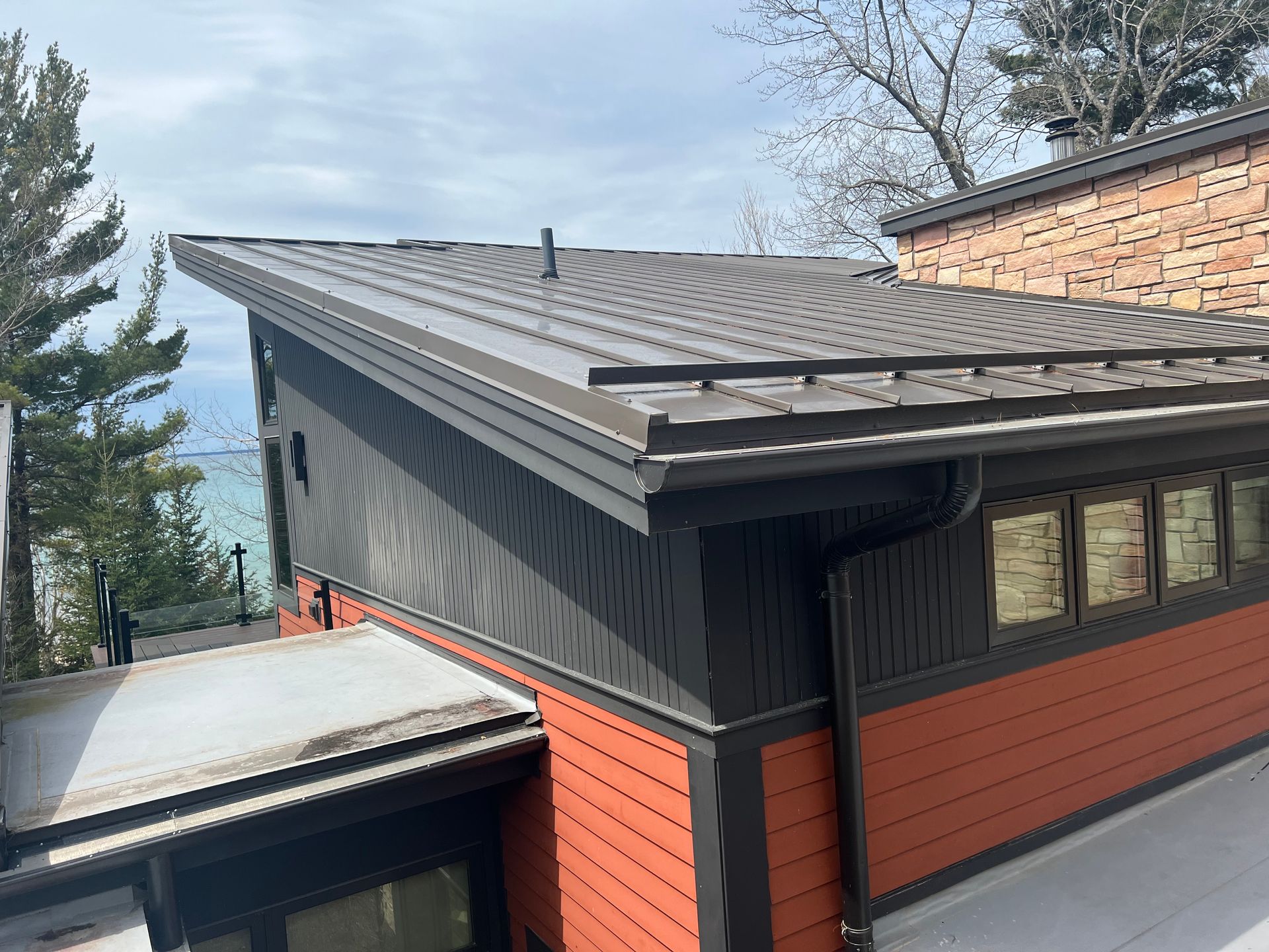 Aerial view of a commercial metal roofing installation in Gaylord, MI