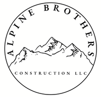 Dark blue circular logo with a mountain sketch and 