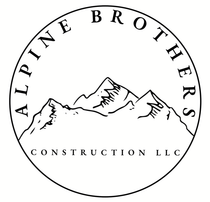 Dark blue circular logo with a mountain sketch and 