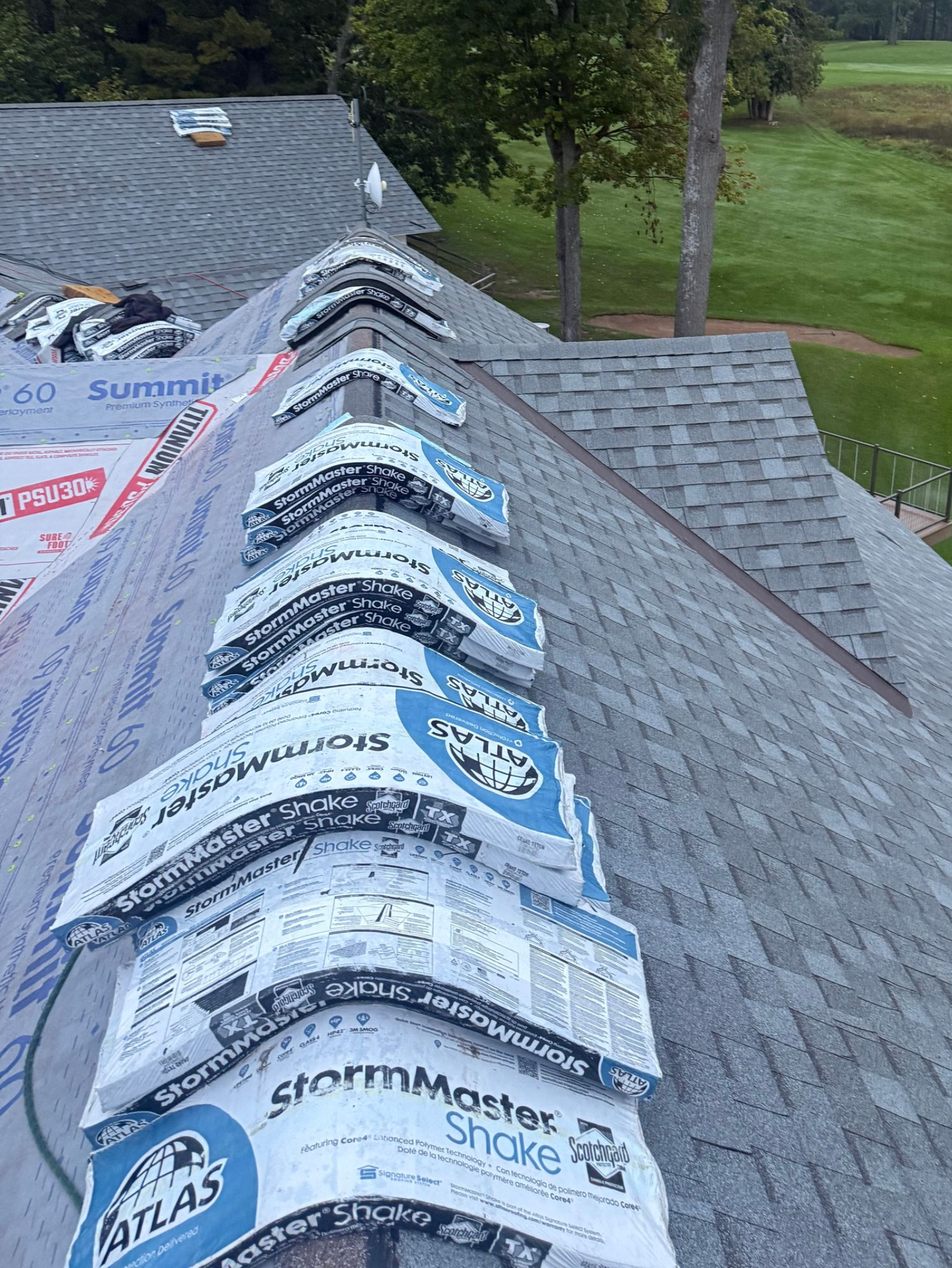 Aerial view of an asphalt roof replacement in Gaylord, MI