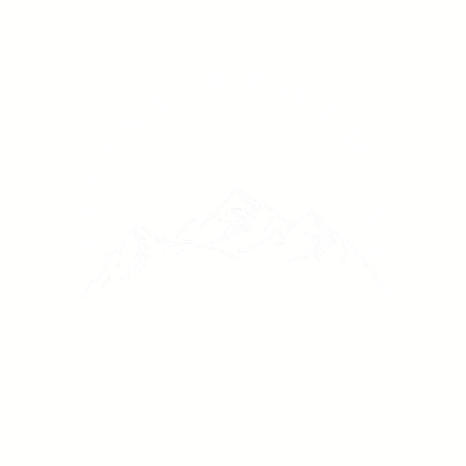 White circular logo with a mountain sketch and