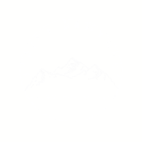 White circular logo with a mountain sketch and