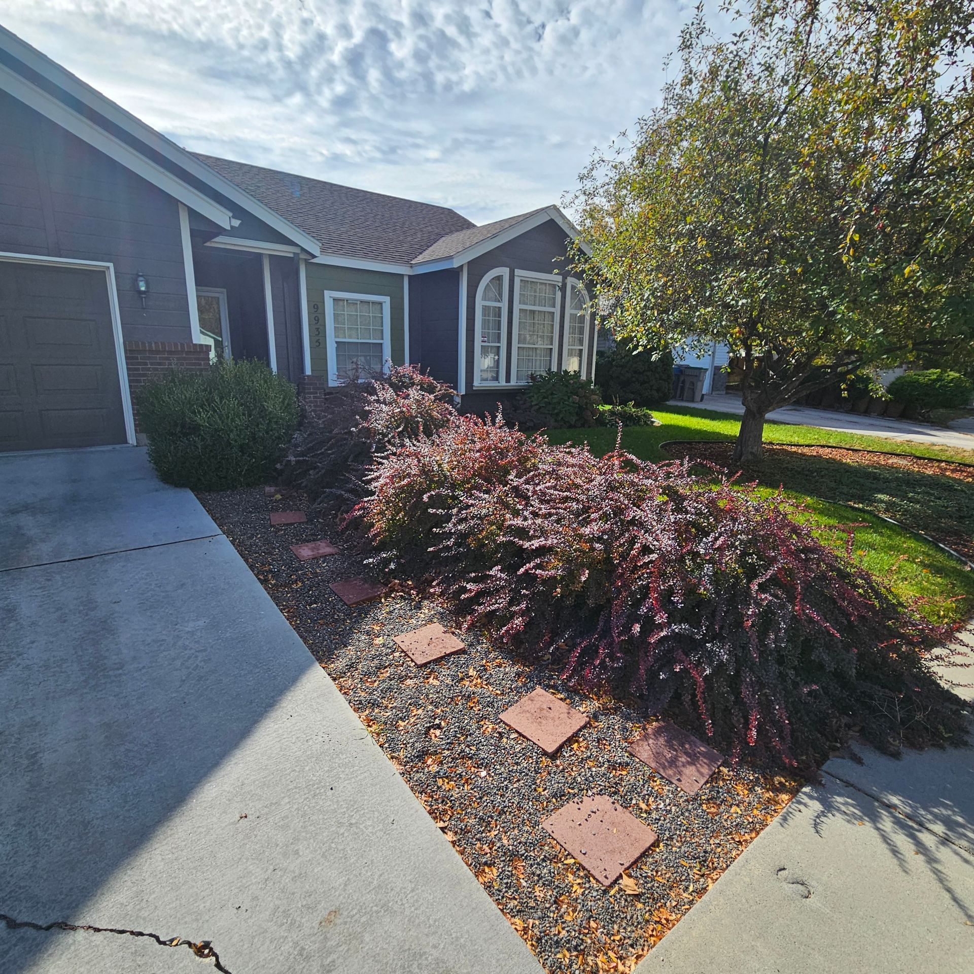 House exterior with a driveway, flowerbeds, and a tree under a cloudy sky.
