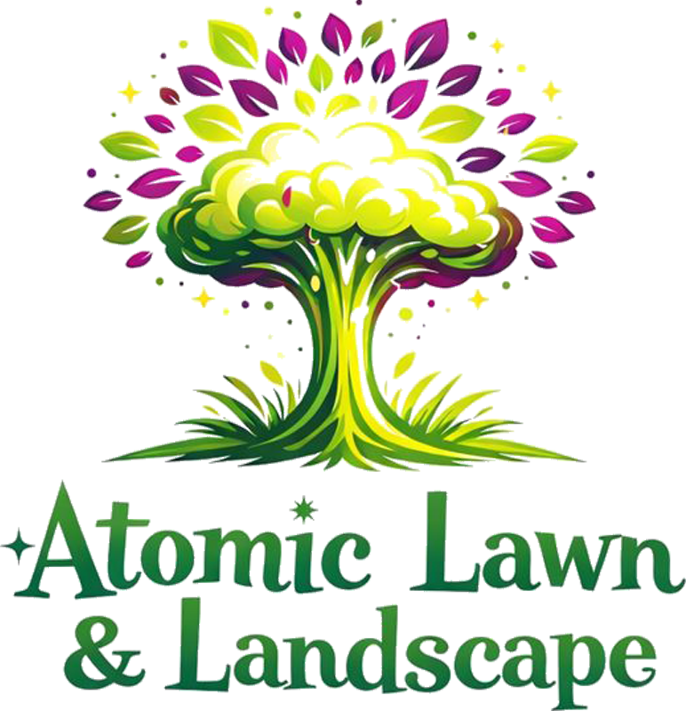 Logo: Stylized green tree with a bright, leafy crown, the text "Atomic Lawn & Landscape" below.