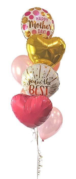 Balloon bouquet for Mother's Day, includes heart and circle balloons in pink, gold, and white.