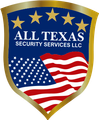 Logo for All Texas Security Services LLC, blue shield with gold trim, stars, American flag waving.