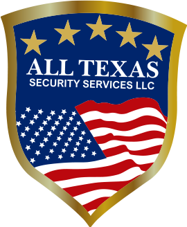 Logo for All Texas Security Services LLC, blue shield with gold trim, stars, American flag waving.