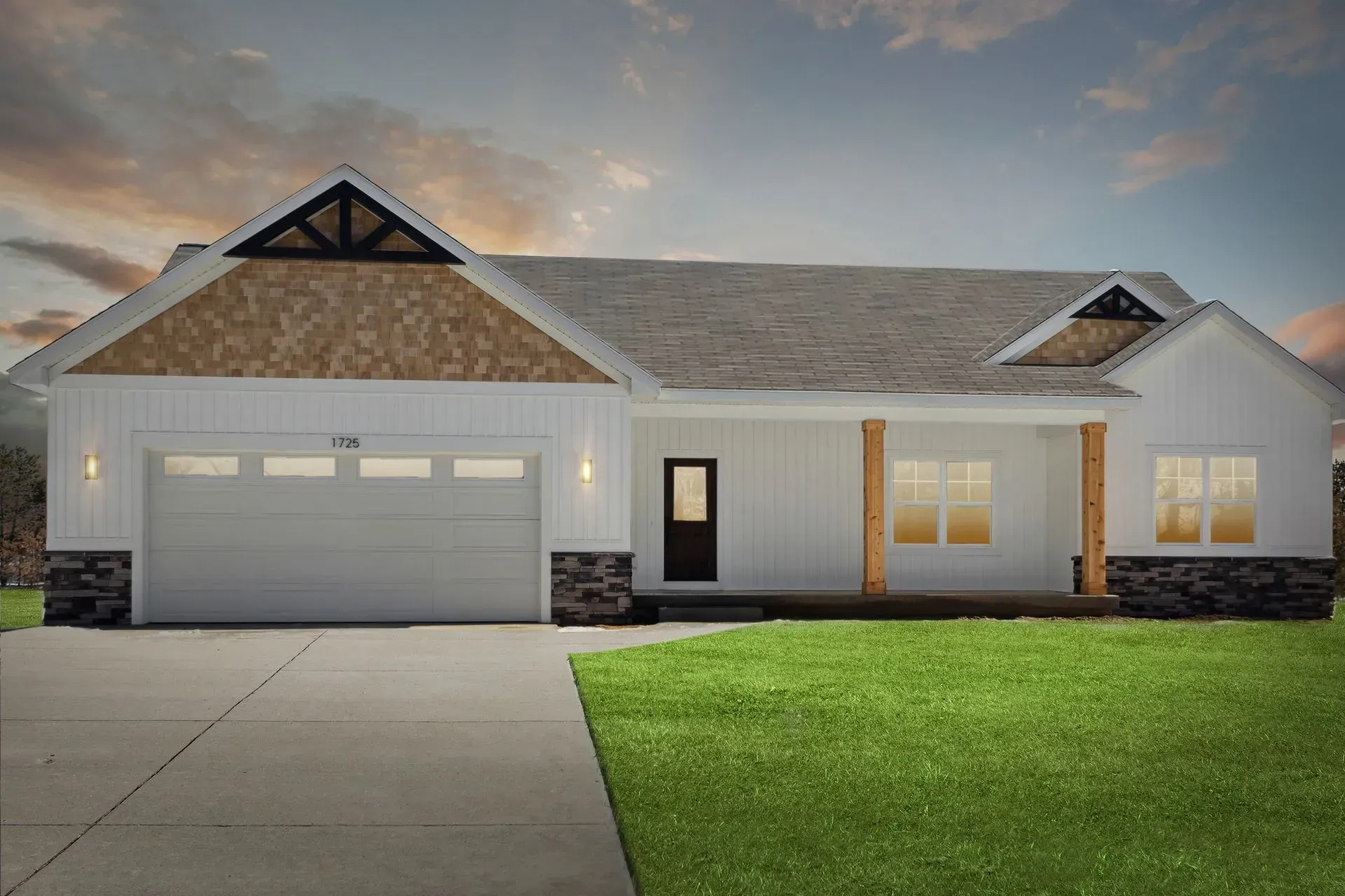 Modern single-story suburban house with gray siding, white trim, and a two-car garage at dusk.